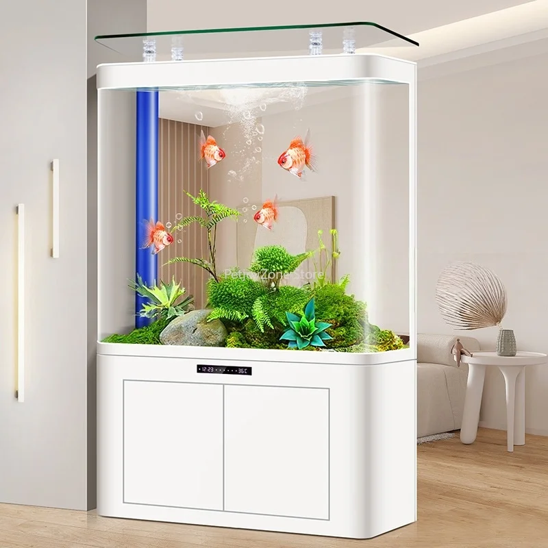 High Definition Luxury Rectangle Transparent Glass Aquarium Fish Tank LED Lights Circulating Bottom Filtration One Click Durable