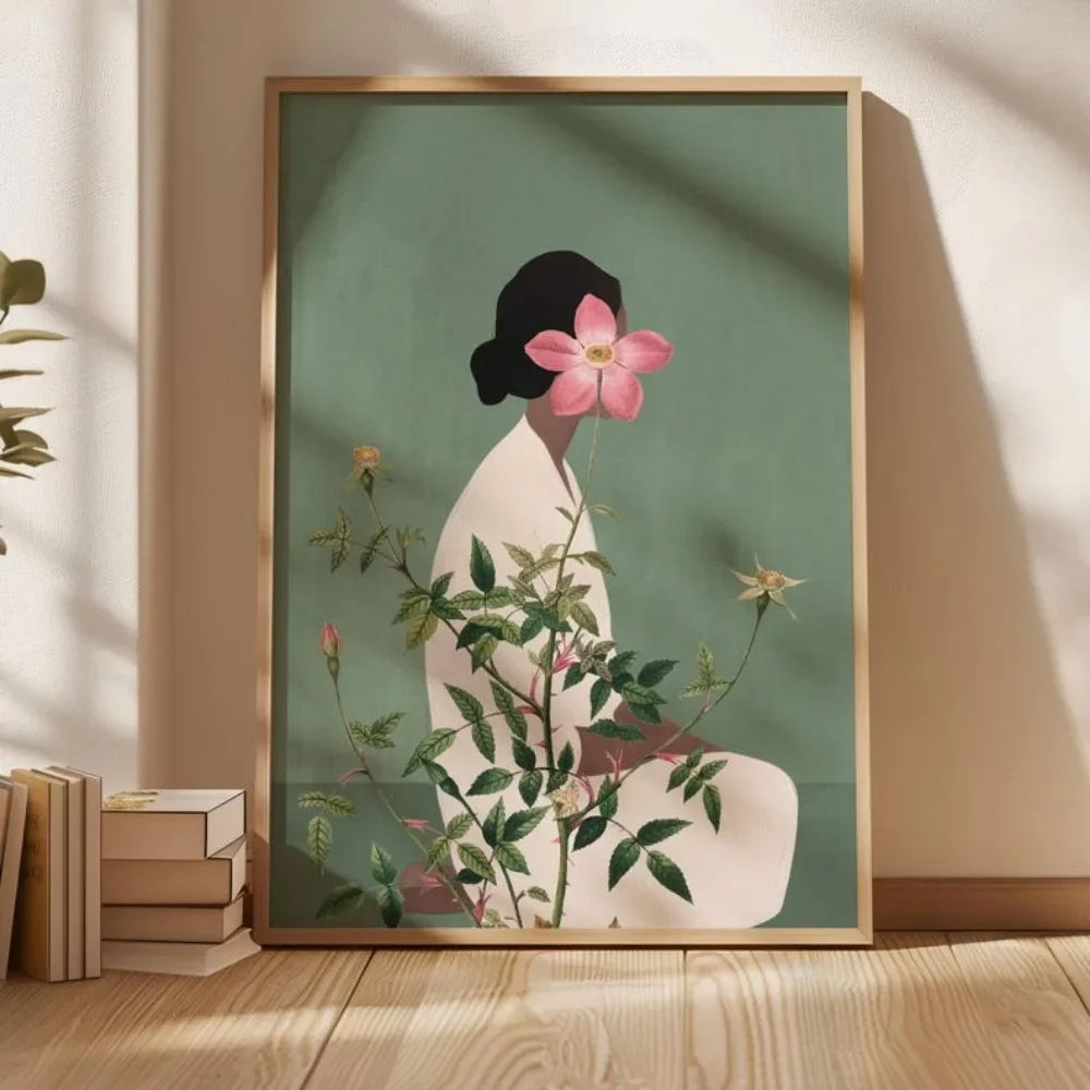 A Frameless Green Flower Head Woman Wall Art,Abstract Characters,Floral Plant Poster Canvas Painting,for Living Room Wall Dec