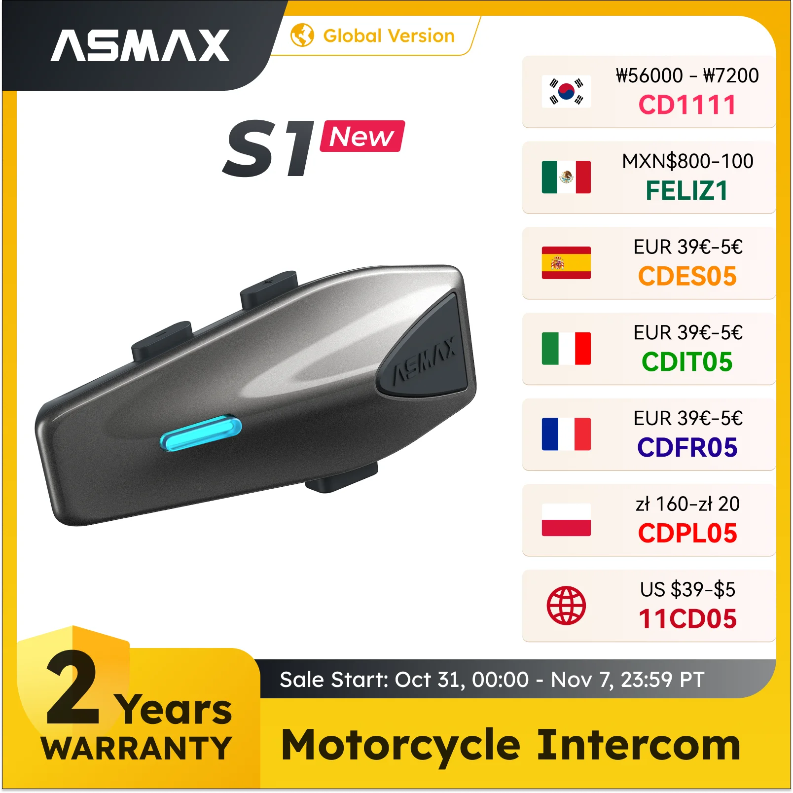 

ASMAX S1 Bluetooth Мотоциклетный домофон BT 5,4 Шлем Bluetooth-гарнитура 8 гонщиков Moto Intercomunicador Ai Голосовое управление, FM