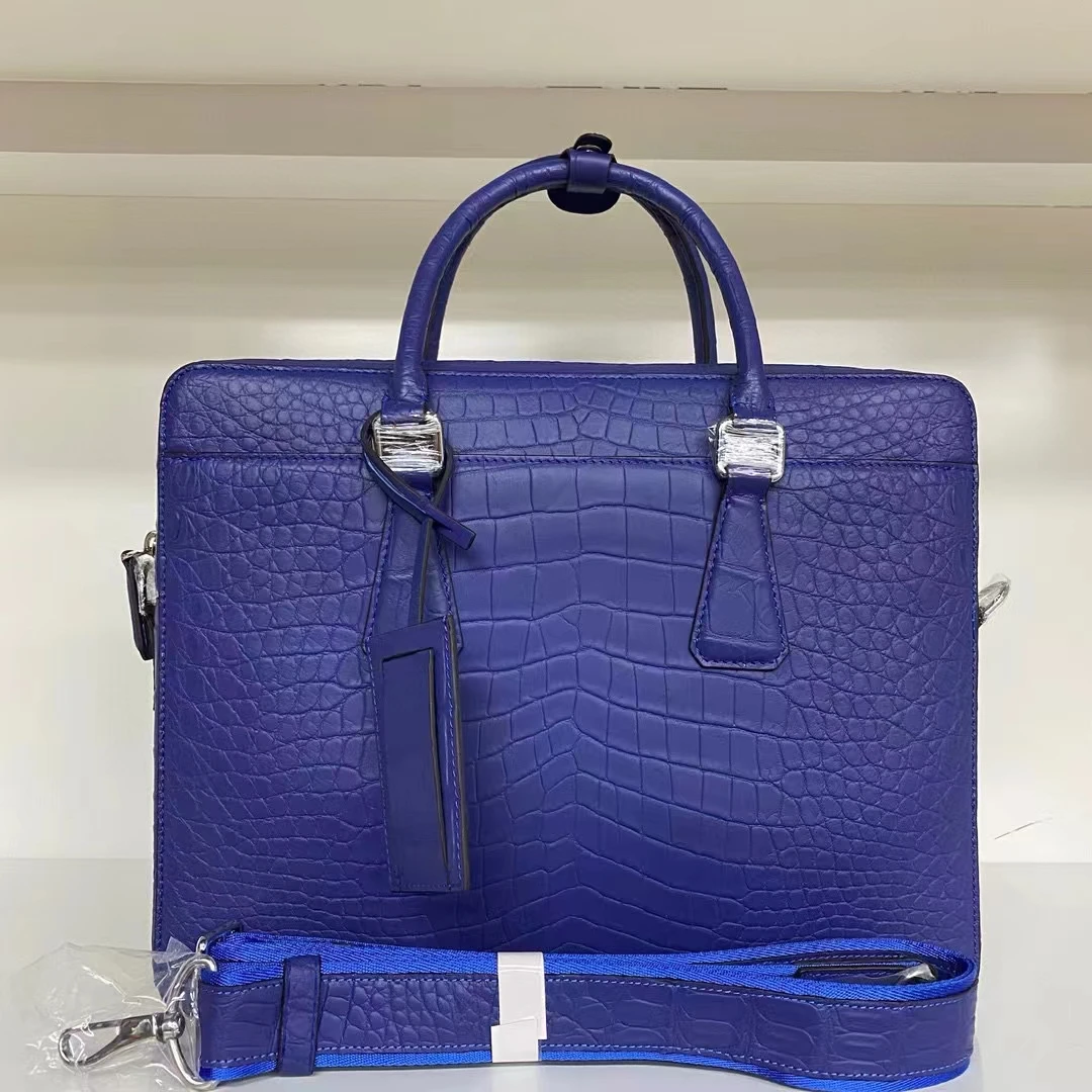 

2023 new top quality genuine real crocodile skin men briefcase bag light blue color alligator leather official men business bag