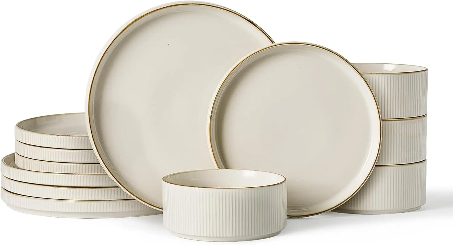 

12-Piece Stoneware Dinner Set for 4, Ribbed Plates & Bowls, Chip-Resistant, Microwave & Dishwasher Safe in White