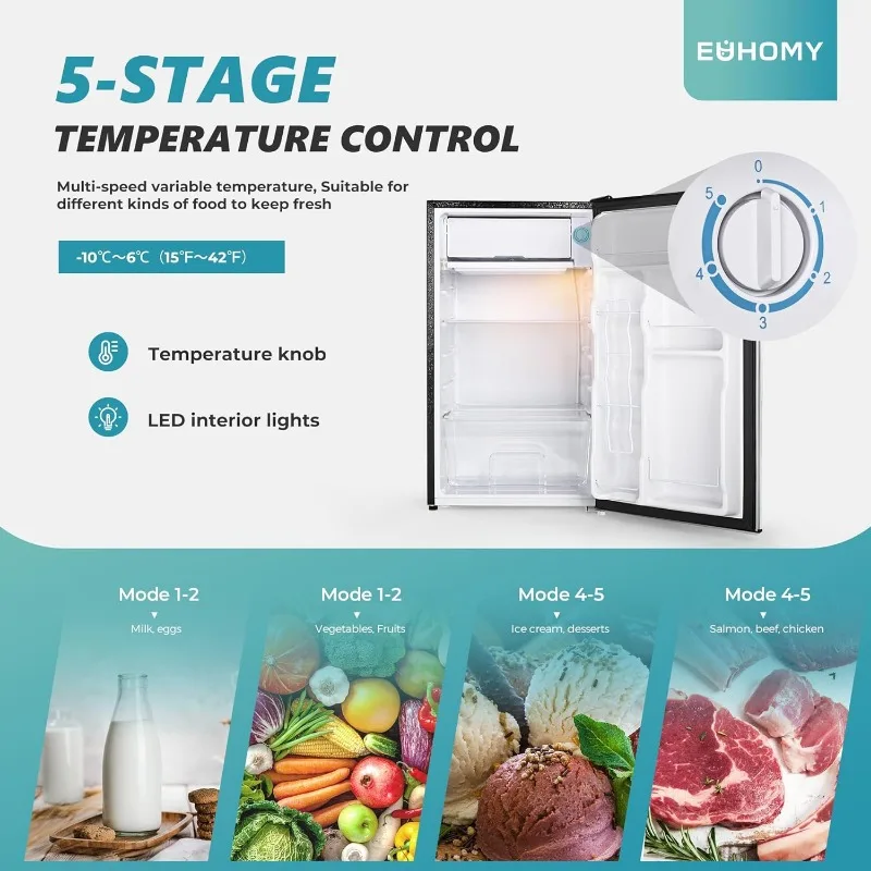 EUHOMY 3.2 Cu.Ft Mini Fridge with Freezer, Single Door Compact Refrigerator, LED light, Energy Saving, Mini Refrigerator