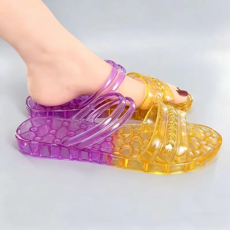 Fashion Jelly Flat Slides for Women Transparent Double Strap Open Toe Sandals Casual Lightweight Summer Beach Home Shower Shoes