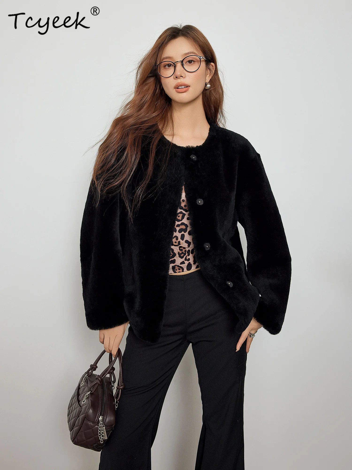 Tcyeek Vera Lana Autunno Inverno High End Pelliccia Integrata Girocollo Tinta Unita Breve Cappotto di Lana di Agnello da Donna Fourrures Femme