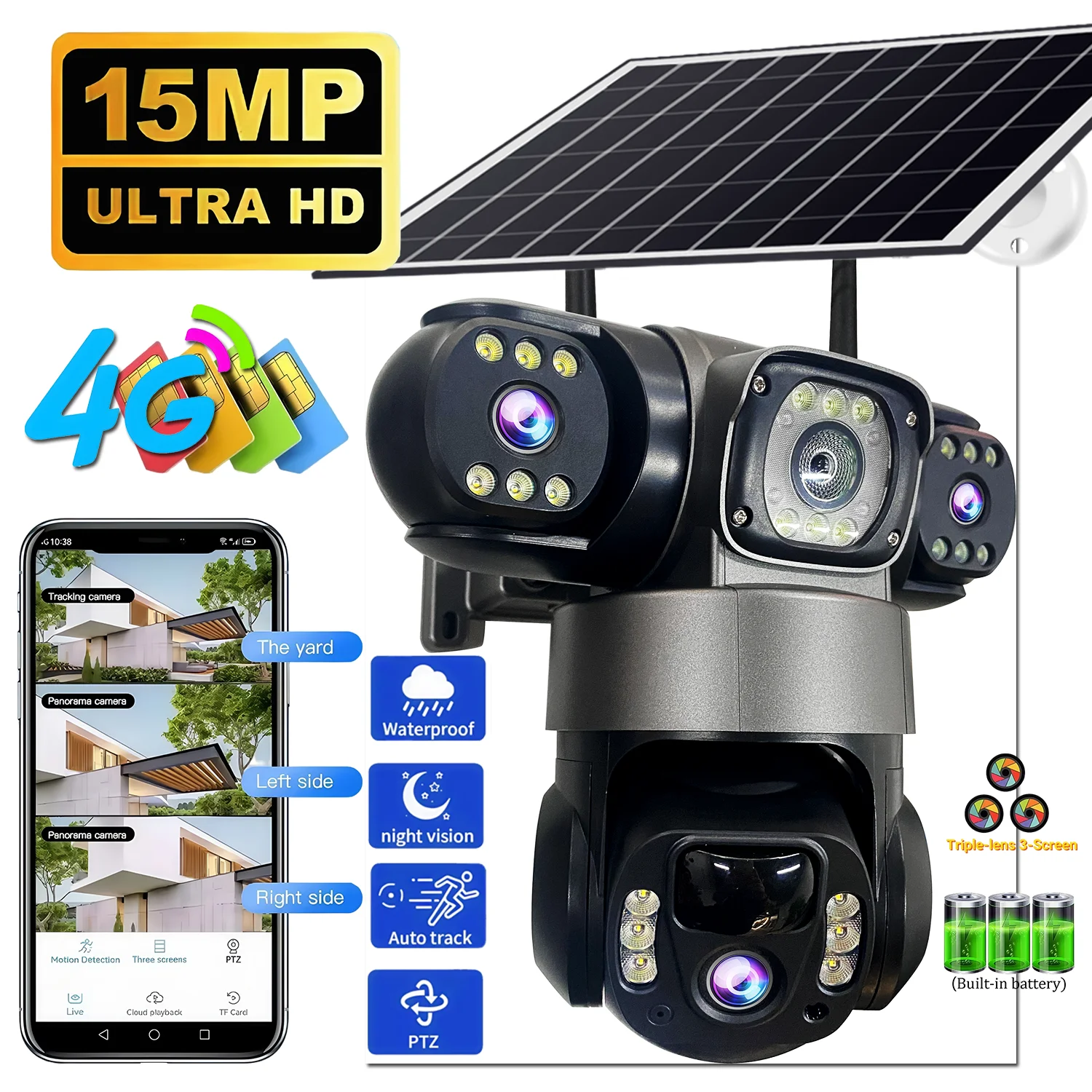 

Solar 4G Camera Outdoor Three Lens Three Screens Night vision Webcam PIR Human Detect CCTV Security Video Battery PTZ IP Camara
