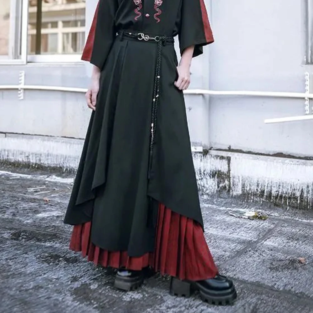 Y2k Double Layer Pleated Snake Skirt Culottes Unisex Streetwear Harajuku Dark Style Stylish Samurai Skirt Hakama Unisex 2025 New