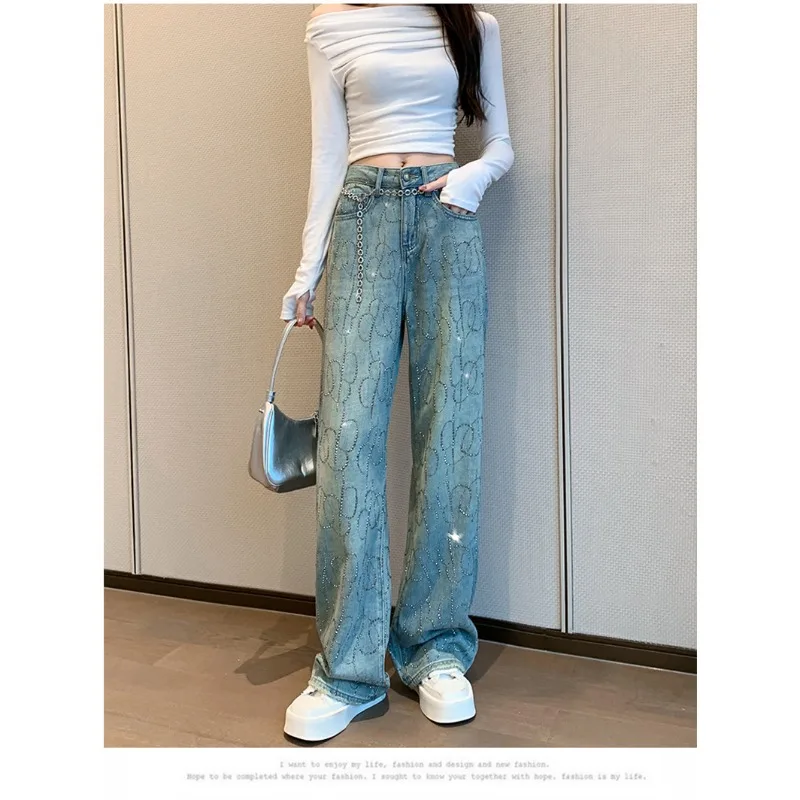 Spring Summer Luxury Gradient Rhinestone Baby's Breath Straight Jeans Narrow Leg Pants Are Exquisite Simple Casual Personality