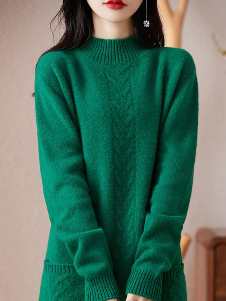 Mid-long Thick Baggy Sweater Korean Fashion Half High Collar Knitted Pullover Women's Casual Loose Bottomed Knitwear Sweater