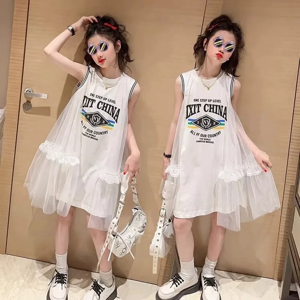 

Летнее сетчатое платье-футболка для девочек-подростков, детское платье в корейском стиле, белые платья-футболки для детей 6, 7, 8, 10, 12 лет