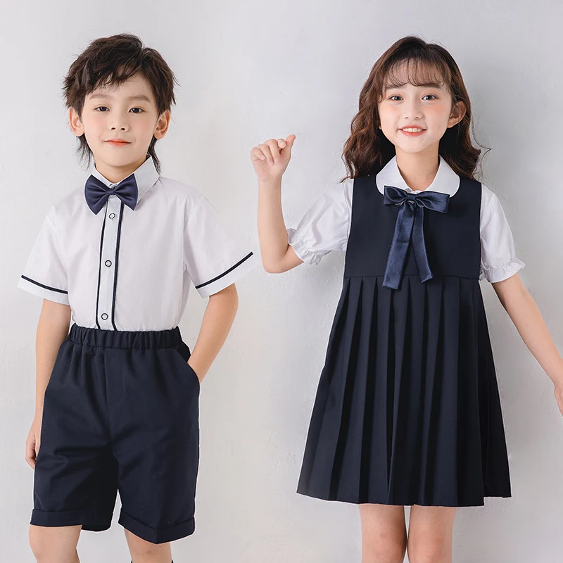 School Uniform Kids Formal Clothes Sets College Boys Shirt Shorts Girls Dress British Style Clothes Student Performance Outfit