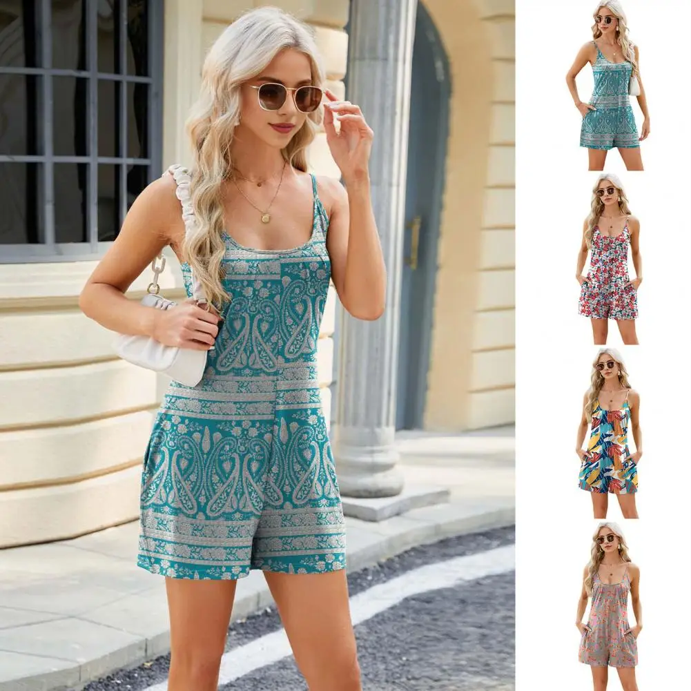 Summer Printed Romper Colorful Print Spaghetti Strap Romper with Side Pockets for Women Vacation Beachwear with Low-cut Back