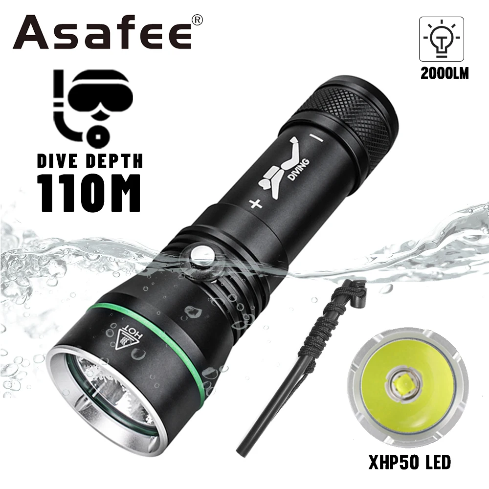 Asafee S3 XHP50 LED Diving Flashlight 2000LM IPX8 Waterproof 110m Rechargeable Underwater Torch For Spearfishing Scuba Diving