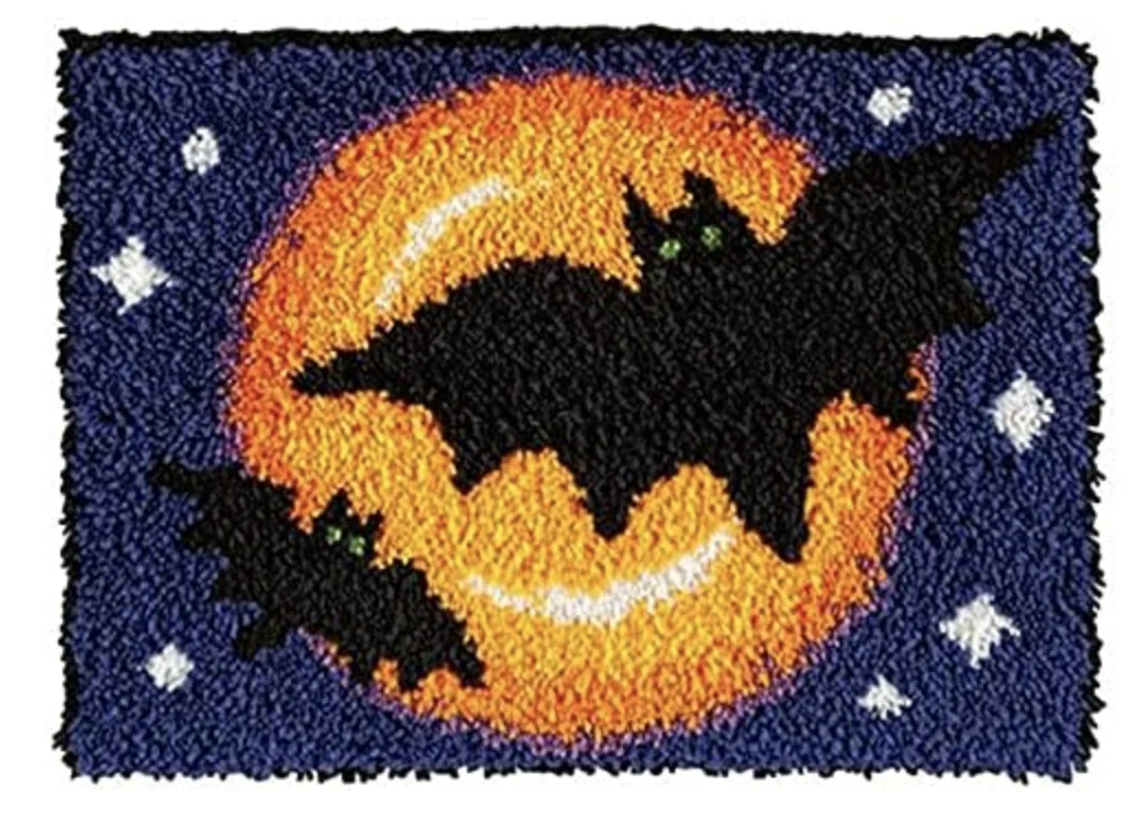 Halloween Latch Hook Kits Black Bat Rug Pattern Printed Crochet Needlework Crafts for Kids Adults Beginners DIY Sofa Cushion