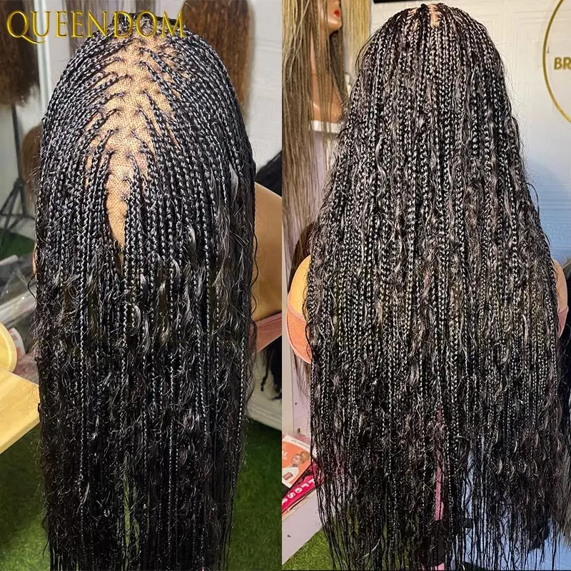 Wig Sintetis Kepang Kotak Boho, Wig Keriting dengan Lace Front 13x6 untuk Wanita Kulit Hitam, Rambut Kepang Bohemian Goddess Locs