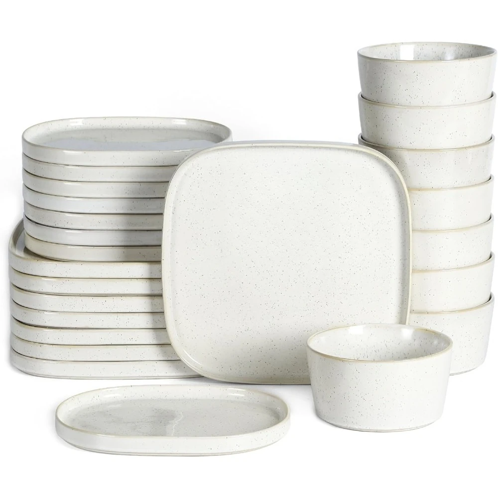 

24-piece Dinnerware Set Stoneware, Plates And Bowls Set, Microwave And Dishwasher Safe, Includes Dinner And Salad Plates,