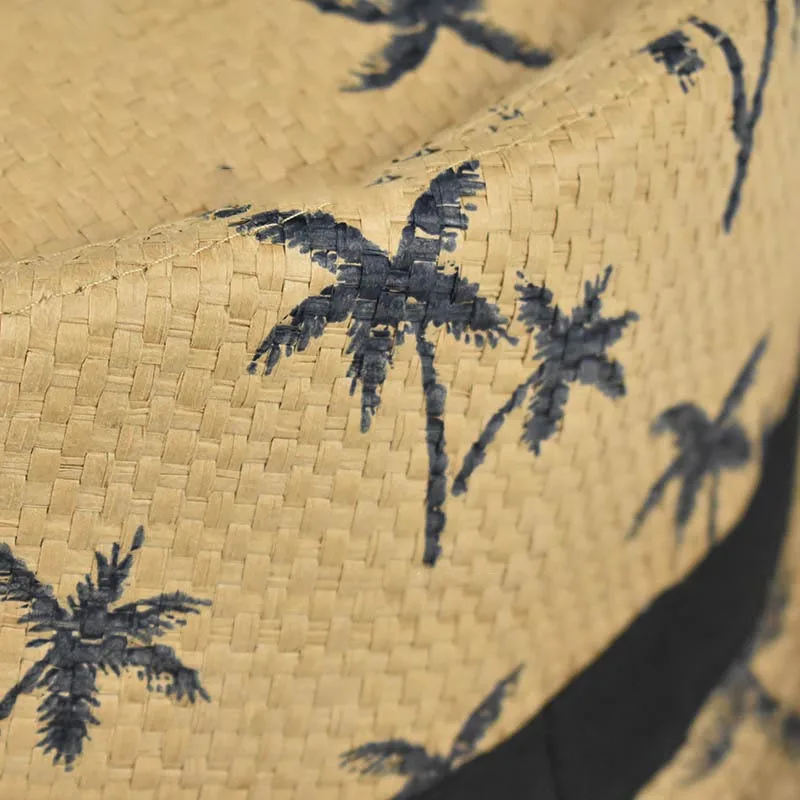 Linen Woven Jazz Straw Hat Men And Women Models Coconut Tree Pattern Sun Hat Summer Beach Travel Sunscreen Ribbon Hat