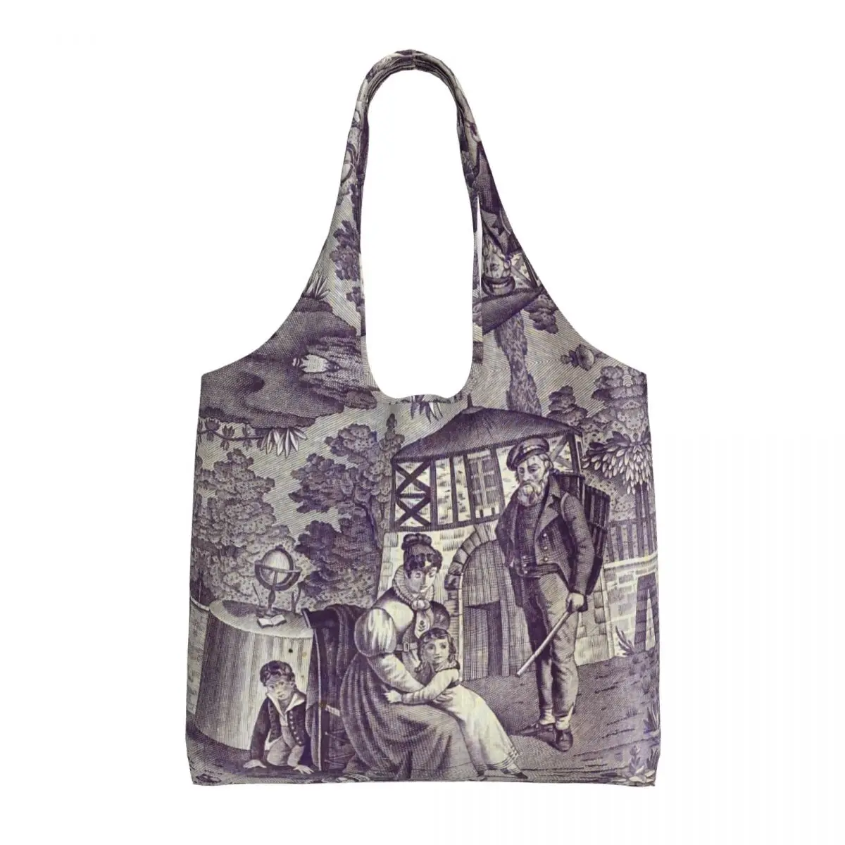 French Toile De Jouy Motif Pattern Shopping Bag Shoulder Canvas Tote Bag Durable Traditional France Art Groceries Shopper Bags