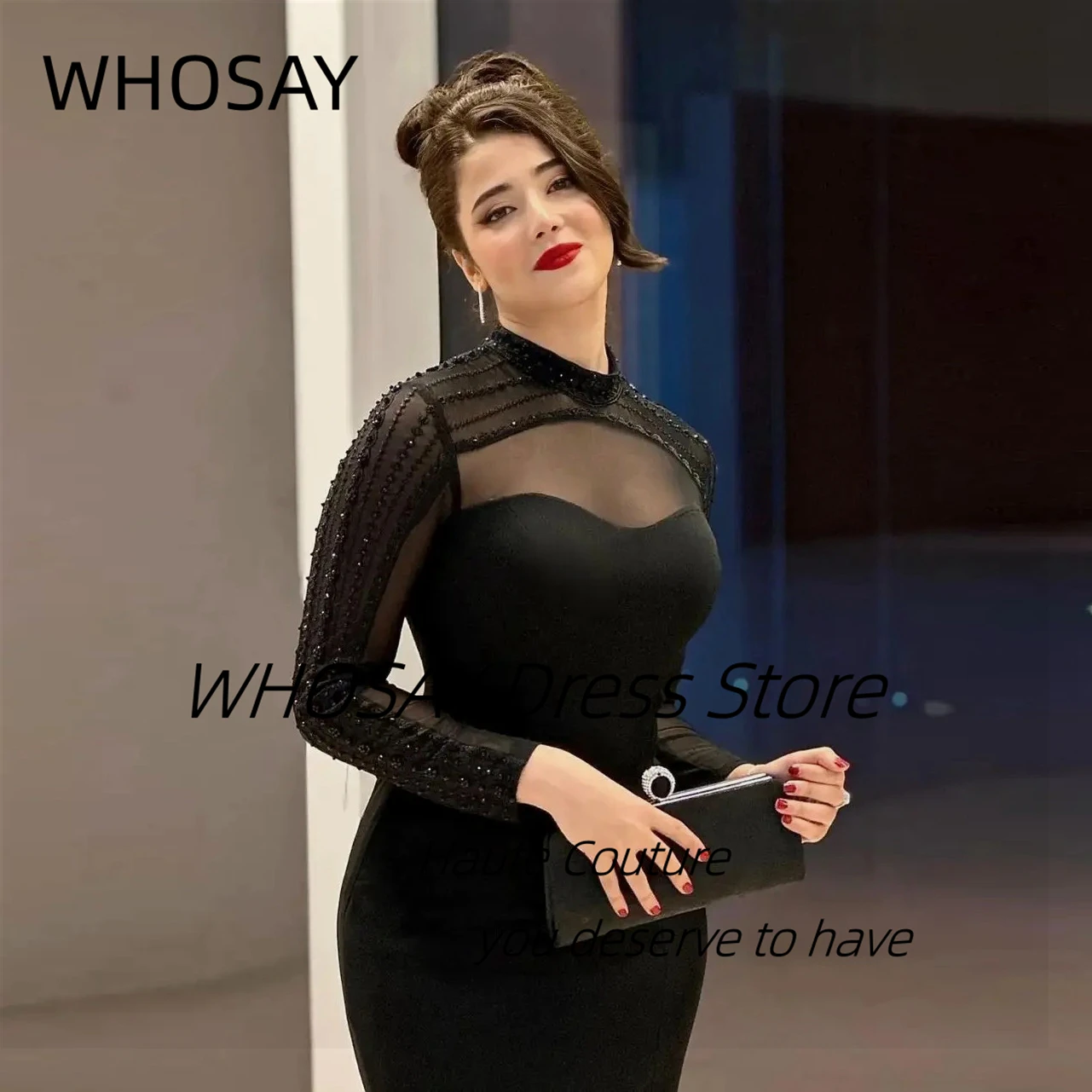 WHOSAY High Collar Black Evening Dresses Side Slit Mermaid Dress for Prom Party Beading Long Sleeves Special Occasion Gowns