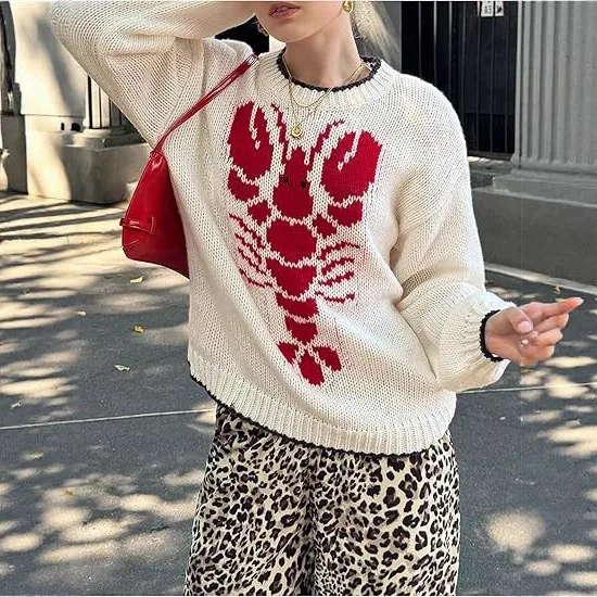 Sweter Pullover Atasan Rajut Gambar Hewan Wanita 2025 Pakaian Rajut Jumper Rajutan Wanita Kantor Kasual Kerah Bulat Musim Gugur Musim Dingin