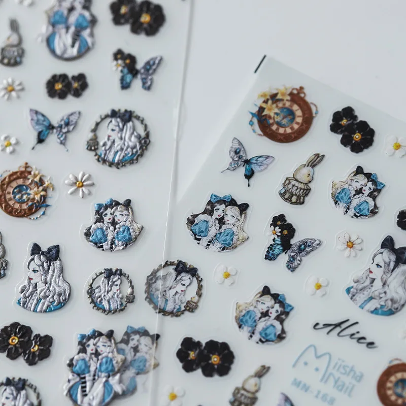 1 Vel 5d Realistische Reliëf Blauw Zwart Wonderdroom Vlinder Bloemen Prinses Zelfklevende Nail Art Stickers Stickers Manicure Bedels