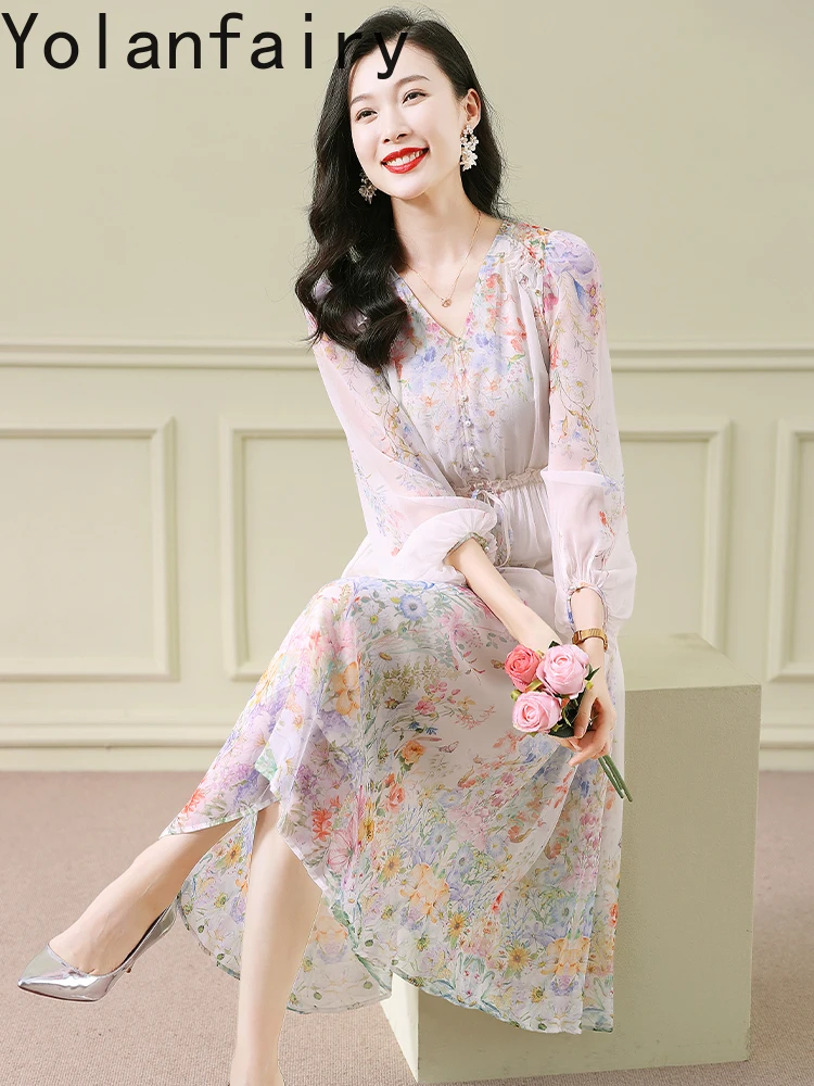 YOLANFAIRY ต้นฤดูใบไม้ร่วง 100%ธรรมชาติผ้าไหมหม่อนผู้หญิง 25 คุณภาพสูงดอกไม้หรูหราชุดแขนยาวชุดสตรี