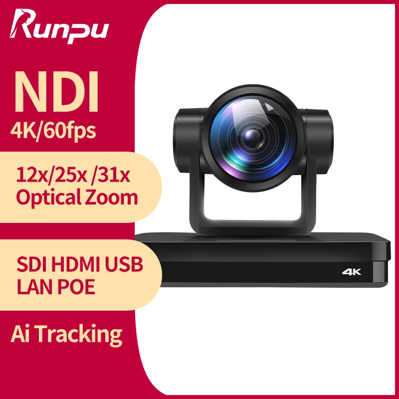 NDI 4K60 12/25/31X Zoom Video Conference Camera USB HDMI SDI LAN POE PTZ Ai Auto Camera for Church Live Streaming Youtube Skype