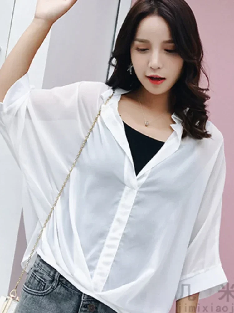 Elegant Women\'s summer blouses  chiffon casual woman tops women 2022 2 piece White long sleeve shirt blouse chemise femme blusas