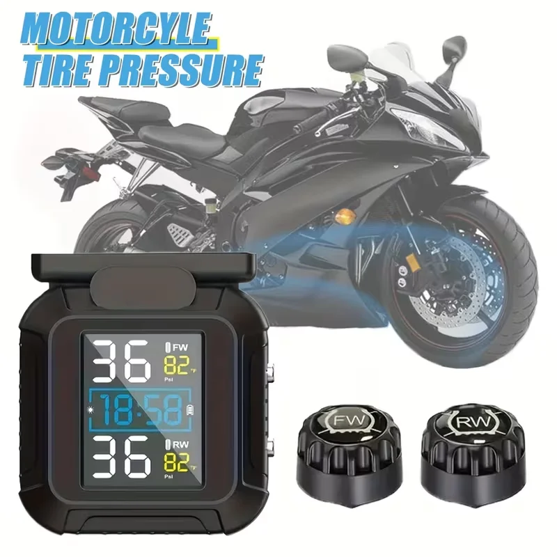 Motorcycle Tire Pressure Monitoring System Motorcycle TPMS with 2 Sensors LCD Display  Real Time Solar Charging Motorbike TPMS