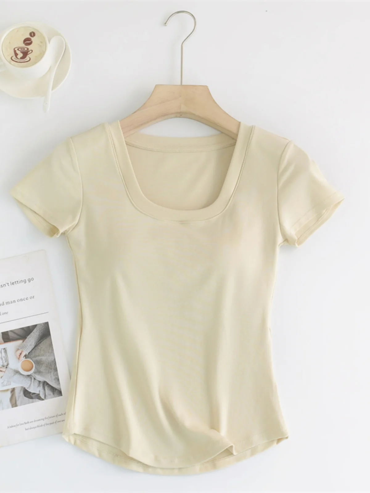 Lcellose Bamboo Fiber Cotton Wireless Bra Short Sleeve T-Shirt Women's Slim Fit Summer Fashion Casual round Neck Top