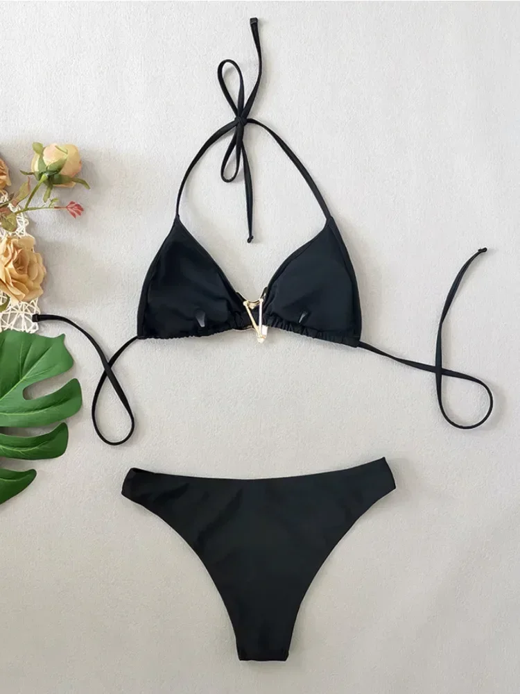 2피스 수영복 여성용 솔리드 블랙 비키니 세트 불가사리 장식 섹시 트라이앵글 홀터 백리스 비치 수영복 2025 신상