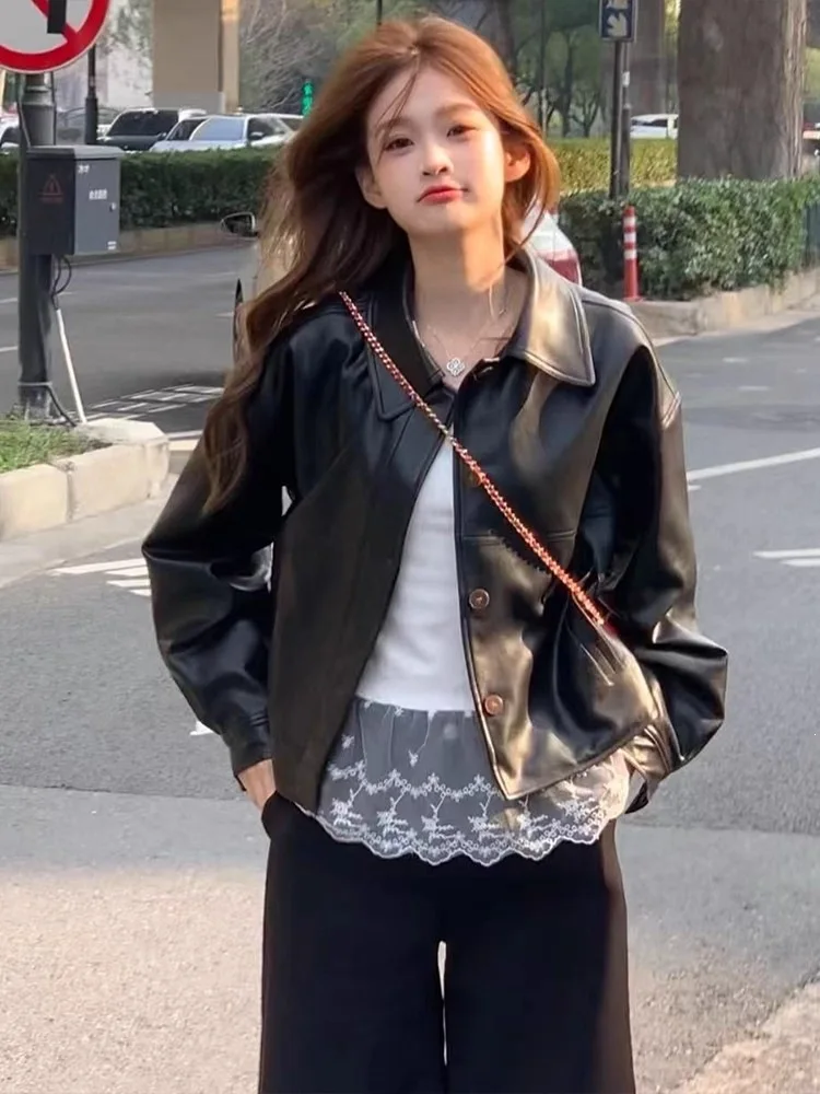 Women Faux Leather Coats Solid Jacket Turn Down Collar Long Sleeves Single Breasted Loose Moto Streetwear 2026 Autumn Winter