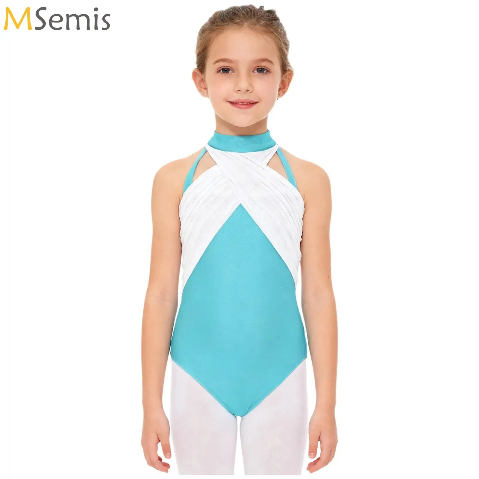 

Kid Girls Gymnastics Leotards Ballet Ruched Shimmery Mesh Overlay Bodysuit Sleeveless Lace Figure Ice Skating Jumpsuit Dancewear