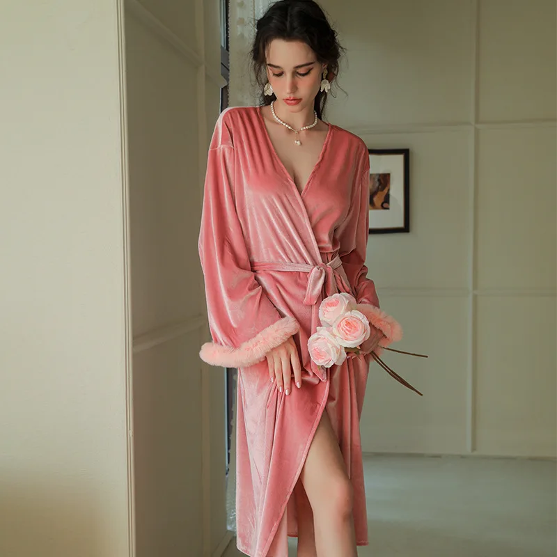 Sexy Burgundy Long Robe Gown Women Autumn Sleepwear Velour Feather Kimono Bathrobe Nightgown Bride Robes Intimate Lingerie