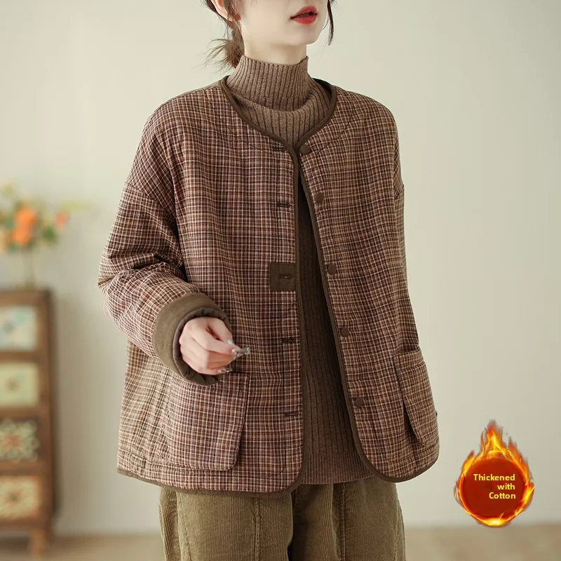 

Retro Plaid Cotton Jaet Women's Winter Artistic Large Size Lightweight Warm round Ne Loose Slimming Baseball Coat