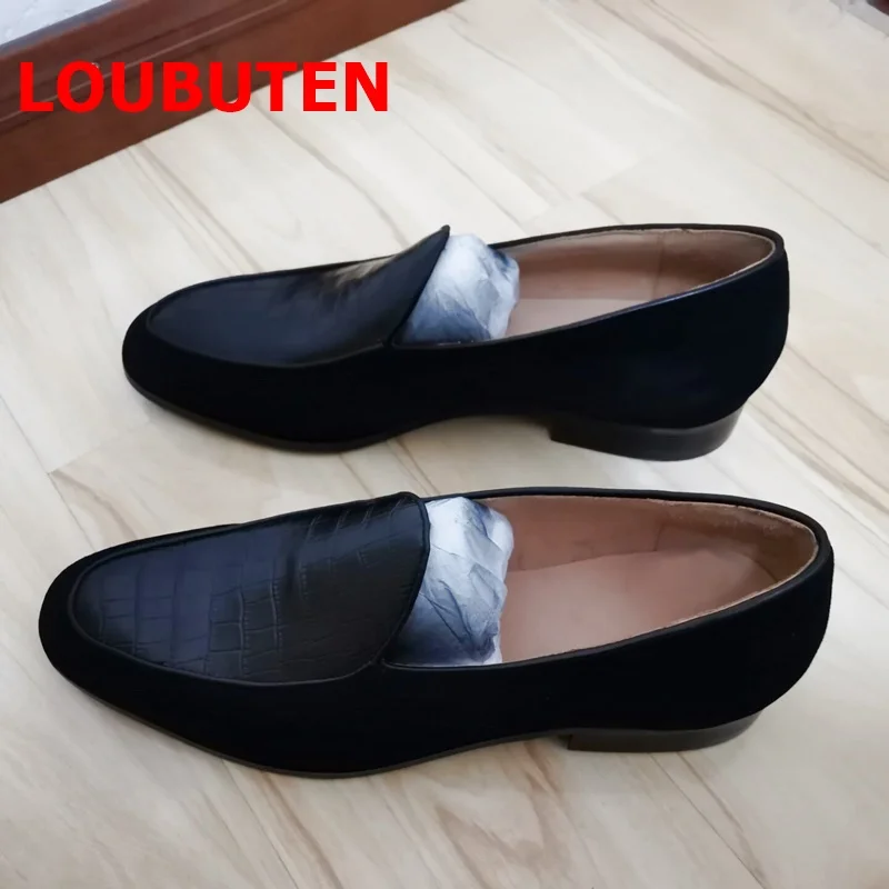 

LOUBUTEN Patchwork Black Genuine Leather And Suede Loafers Handmade Slip On Mens Shoes Casual Flats Boat Shoes