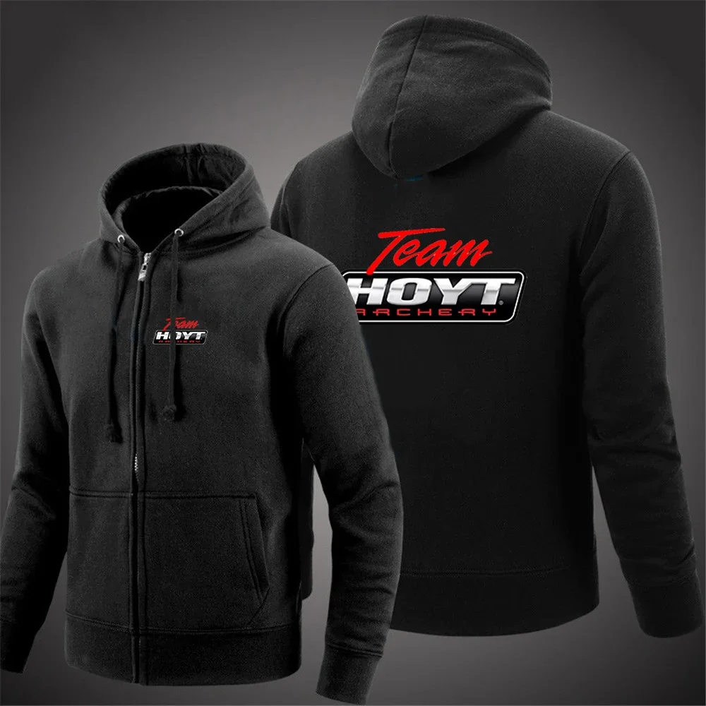 Hoyt Archery 2024 Spring and Autumn Men Printing Trendy Outdoor Classic Cardigan Zipper Solid Color Hooded Pullover Hoodies Tops