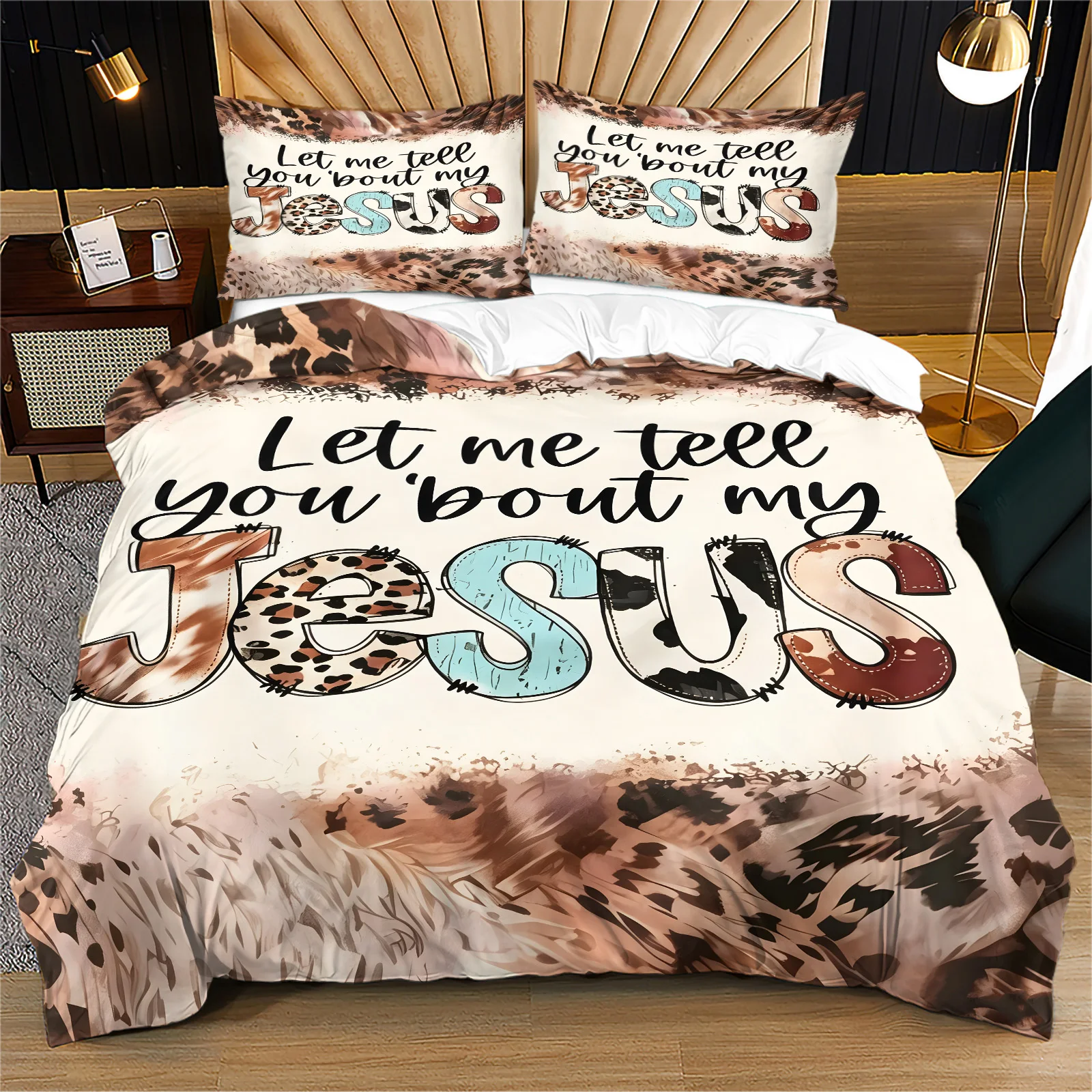Christian Faith Duvet Cover Set Let Me Tell You 'Bout My Jesus Leopard Cow Print Bedding Set Polyester Quilt Cover Home Textile