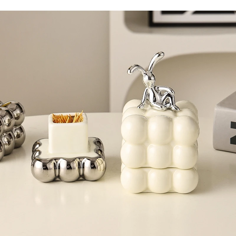 Cute Rabbit Toothpick Box Ceramic Cotton Stick Storage Dining Table Decoration Crafts Home Kitchen Art