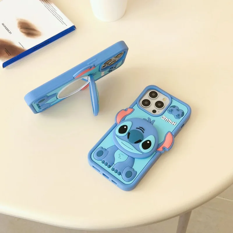 Disney Stitch with Mirror Silicone Cover for IPhone 16 15 14 Pro Max Case Kawaii 3D Cartoon with Makeup Mirror Stand Holder Gift