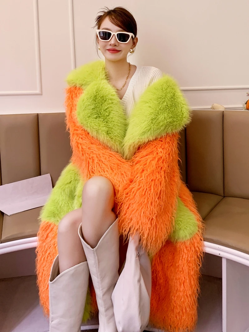 Original Design Orange Faux Fur Coat Femal Eco-friendly Loose lapel Long Jacket Lady Shaggy Outerwear Women's Winter Coats