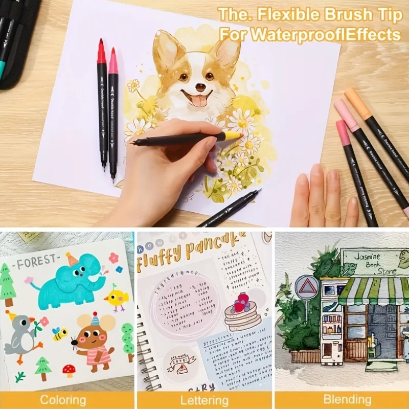 مجموعة فرشاة وأقلام تحديد رفيعة ذات طرف مزدوج | علامات فنية بأطراف مائية للخط والرسم والرسم #6