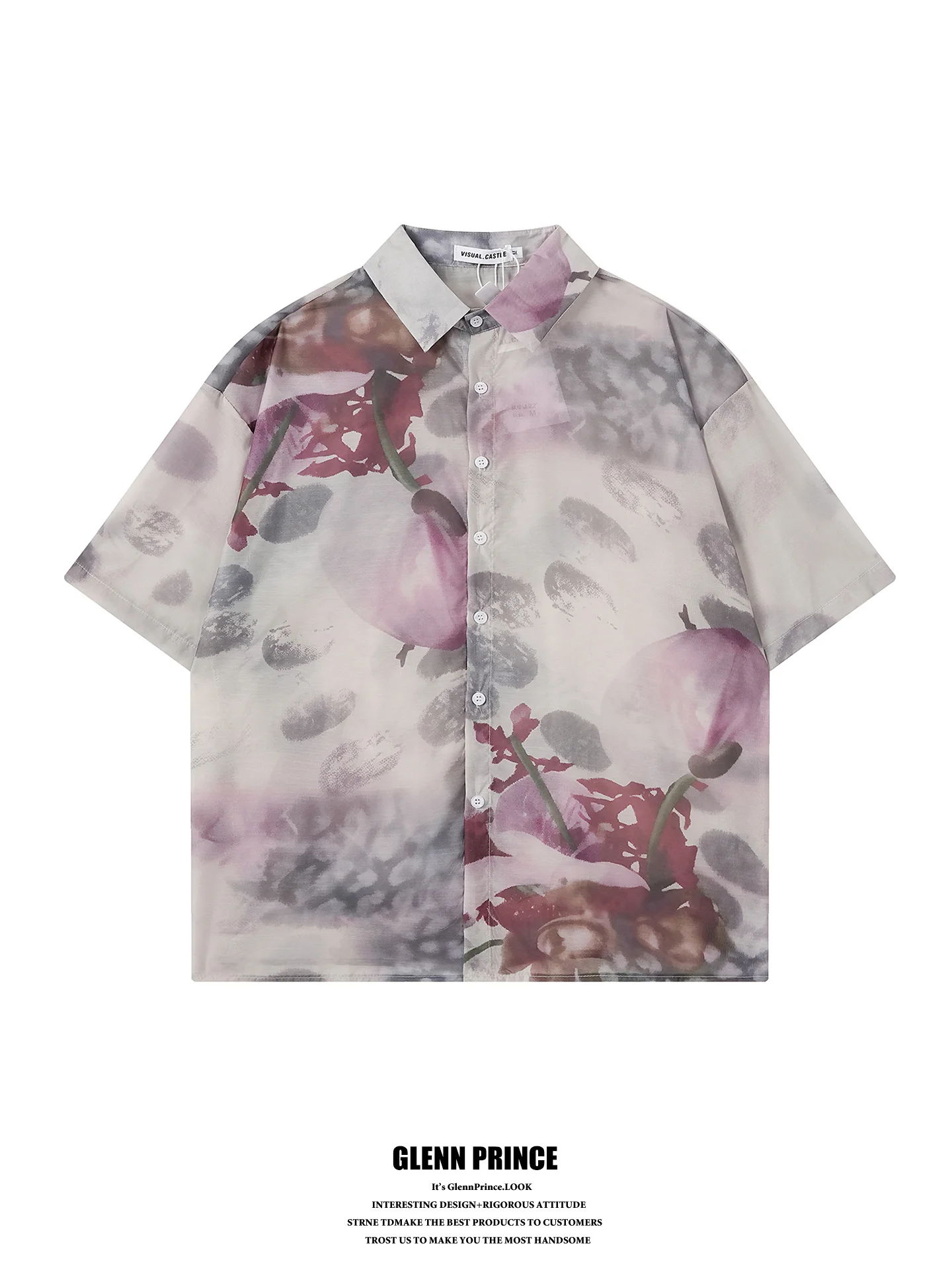 

New Chinese Style Watercolor Dyeing Lightweight Short Sleeve Men's Shirt Summer Vacation Beach Floral Print Breathable Casual...