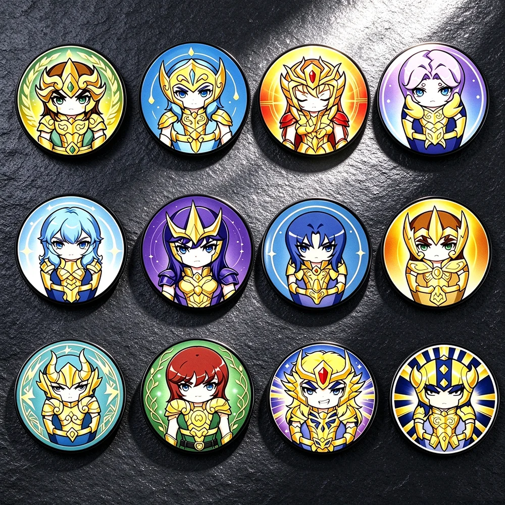 12Pcs Saint Seiya Gold Saints Enamel Pins Set UV Print Chibi Character Brooch Badges for Fans of Knights of the Zodiac