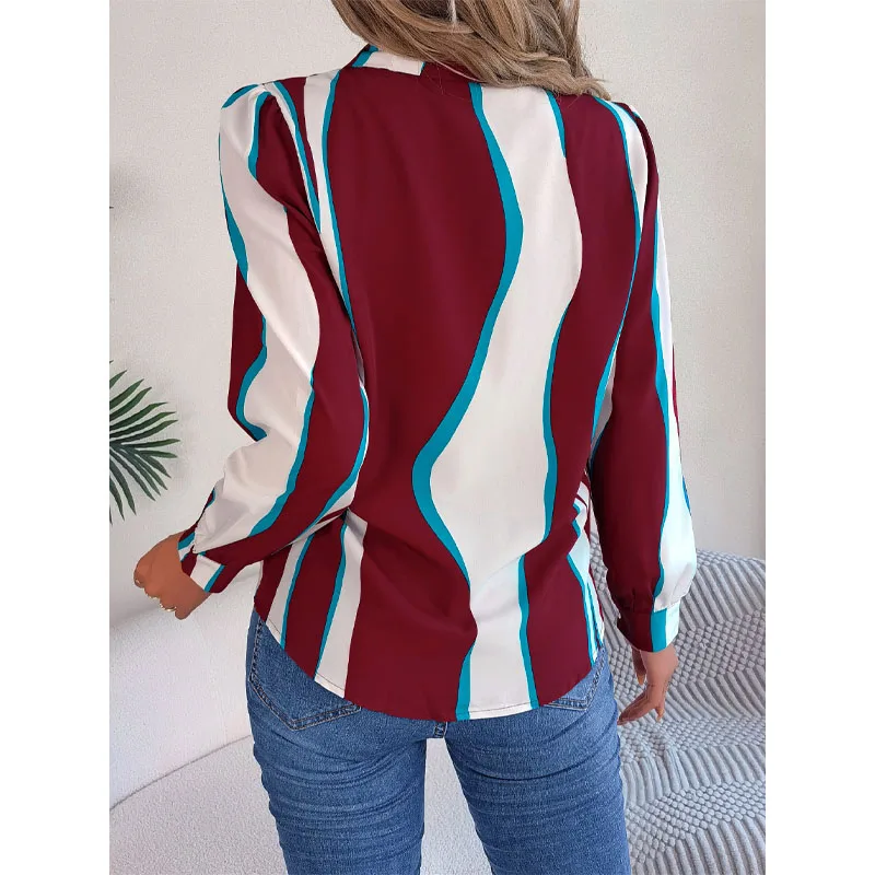 Women's Top Autumn and Winter New Fashion Splice Button Suit Collar Long Sleeve Temperament Versatile Commuting Stripe Shirt