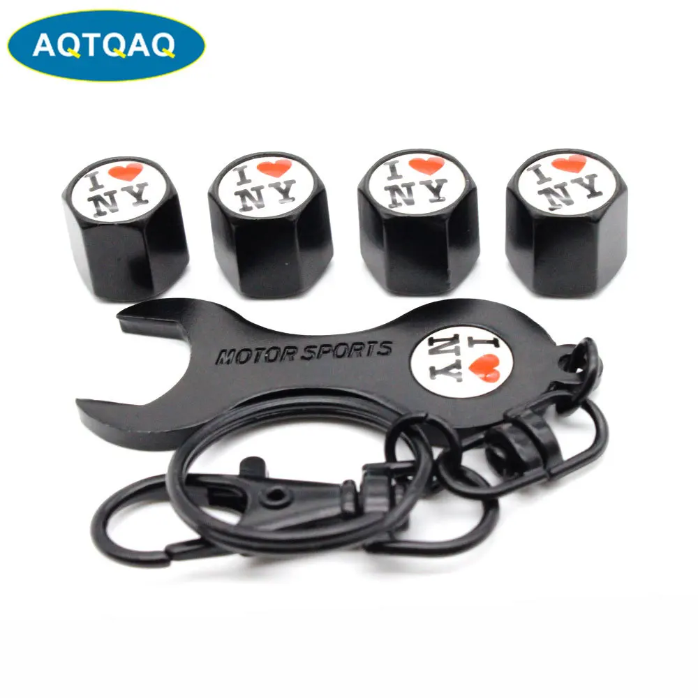 

5Pcs/Set I Love New York Style Anti-theft Emblem Auto Car Wheel Tire Air Valve Caps With Wrench Keychain Zinc Alloy Stem Dust Co