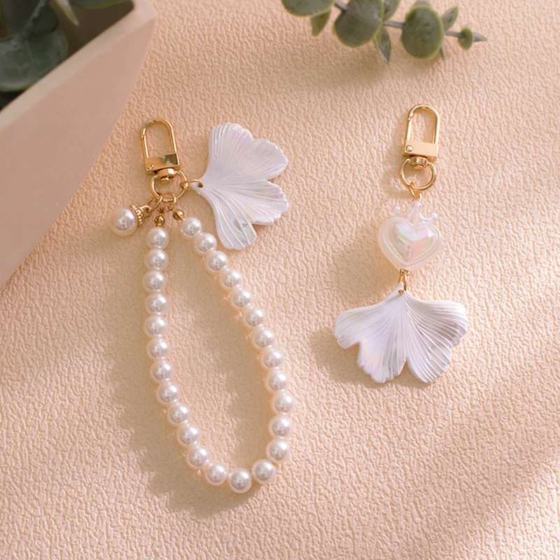 Cute Creative Luminous Love Pearl Ginkgo Leaf Keychain Pendant Fashion Keyring Pendant Phone Chain Bag Charm Luggage Accessories