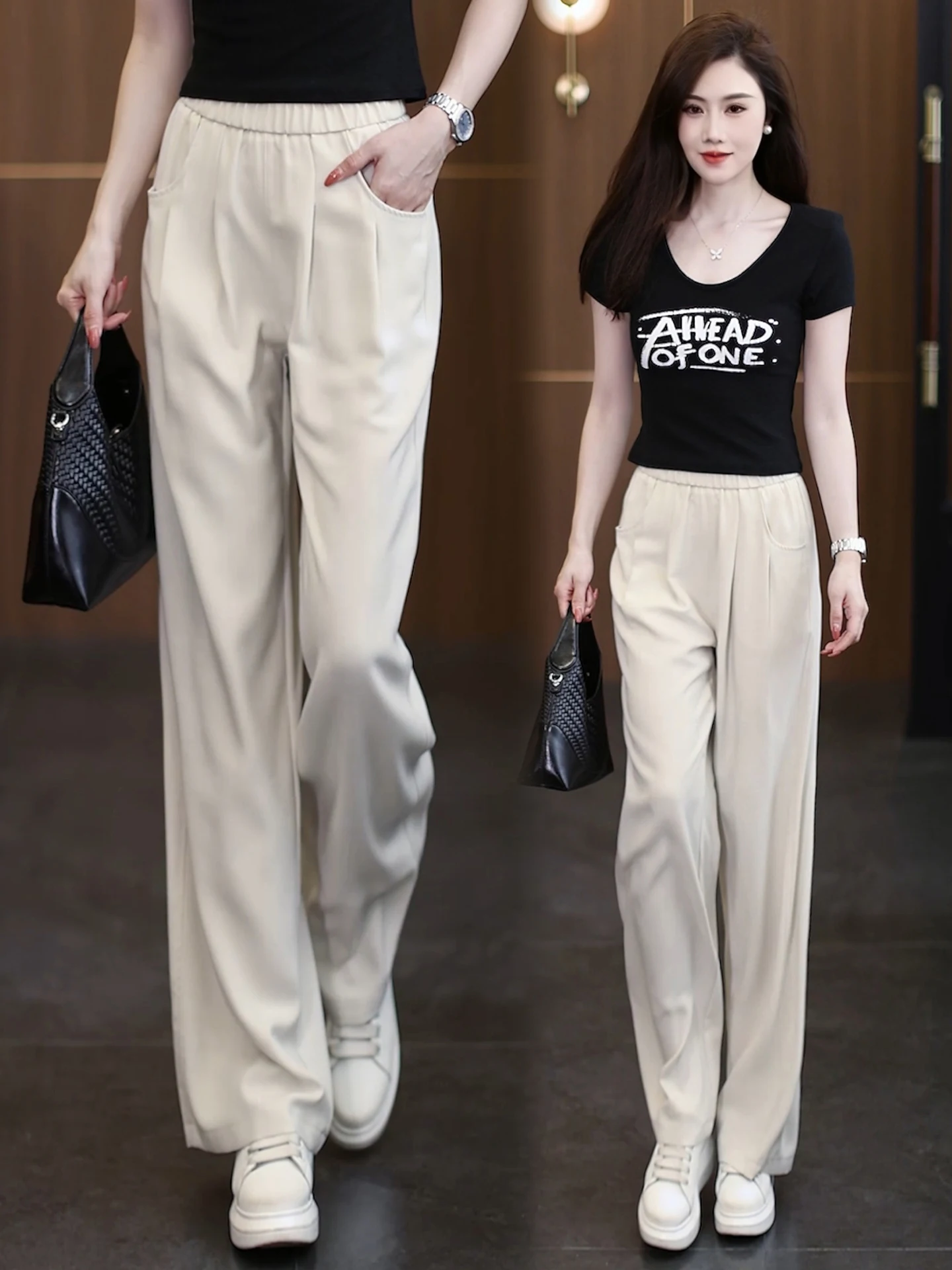 

Ice Silk Linen Slim Wide Leg Pants High Waist Straight Cut Thin Summer Casual Trousers for Women Breathable Comfortable