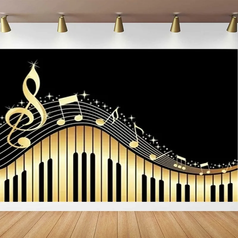 

Piano Theme Photography Backdrop For Golden Musical Notes Piano Keyboard Background Birthday Party Poster Photo Studio Banner