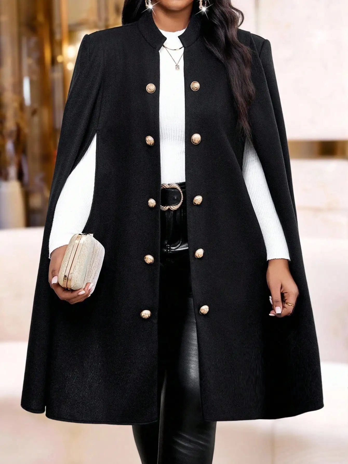 

Женское черное двубортное пальто-накидка с золотыми пуговицами, элегантная осенне-зимняя верхняя одежда для делового и повседневного стиля