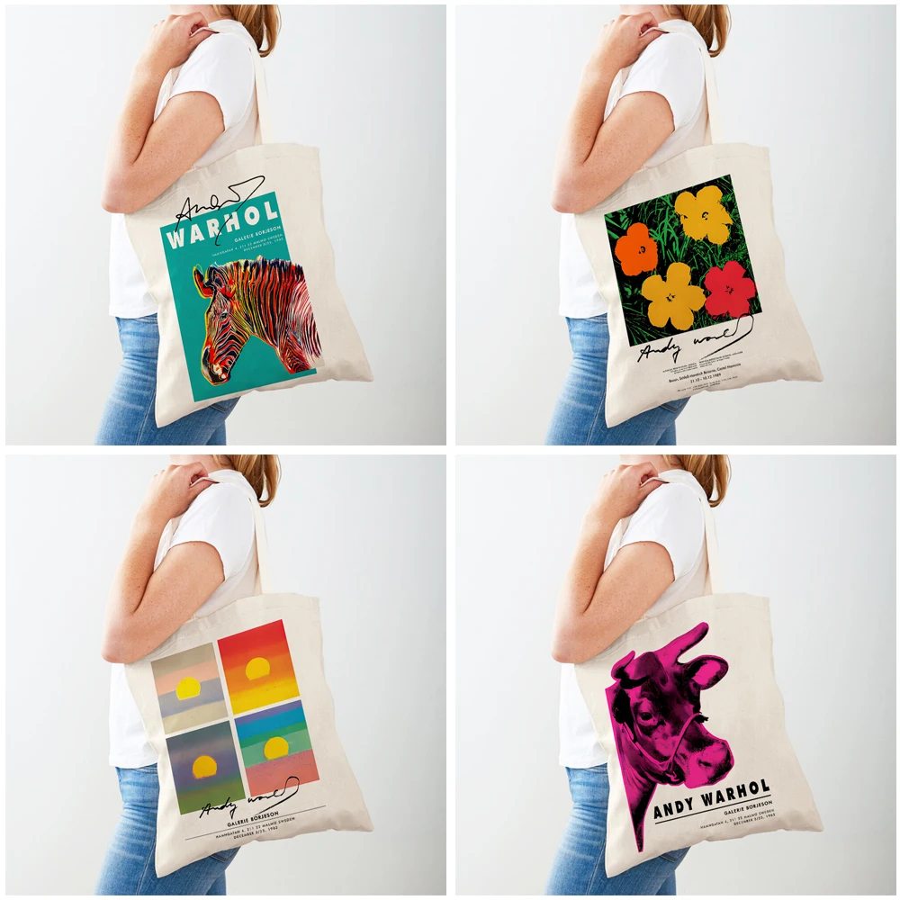 Both Sided Andy Warhol Cow Banana Sunset Flower Pop Women Shopper Bags Tote Handbag Fashion Casual Retro Lady Shopping Bag